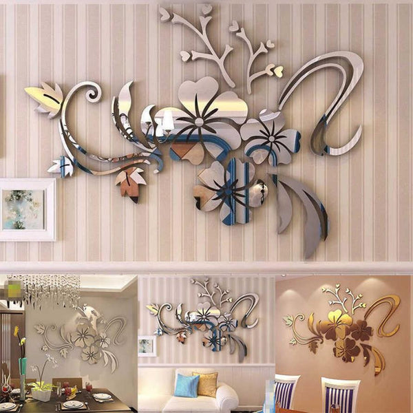 3D Mirror Floral Art Removable Wall Sticker Acrylic Mural Decal Home Room Decor