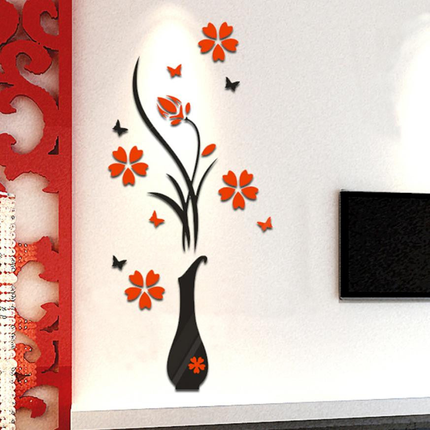 Super Deal Small Size  DIY Vase Flower Tree Crystal Arcylic 3D Wall Stickers Decal Home Decor