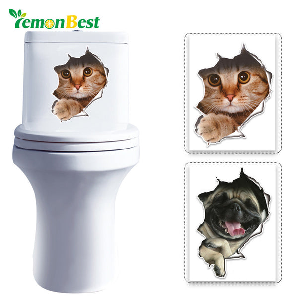 3D Cats and Dogs Wall Vinly Toilet Stickers Hole View