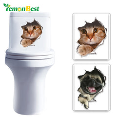 3D Cats and Dogs Wall Vinly Toilet Stickers Hole View
