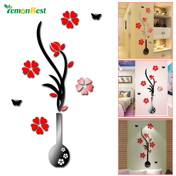 Artistic DIY 3D Vase Flower Pattern Acrylic Wall Sticker L/M size for Home Living Room Bedroom Office Holiday Decoration